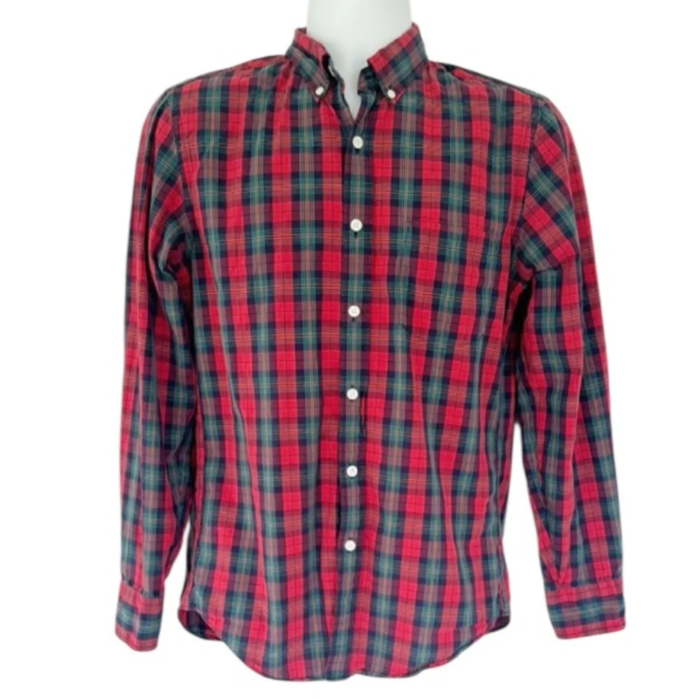 J. Crew red green holiday plaid cotton button down dress shirt size small